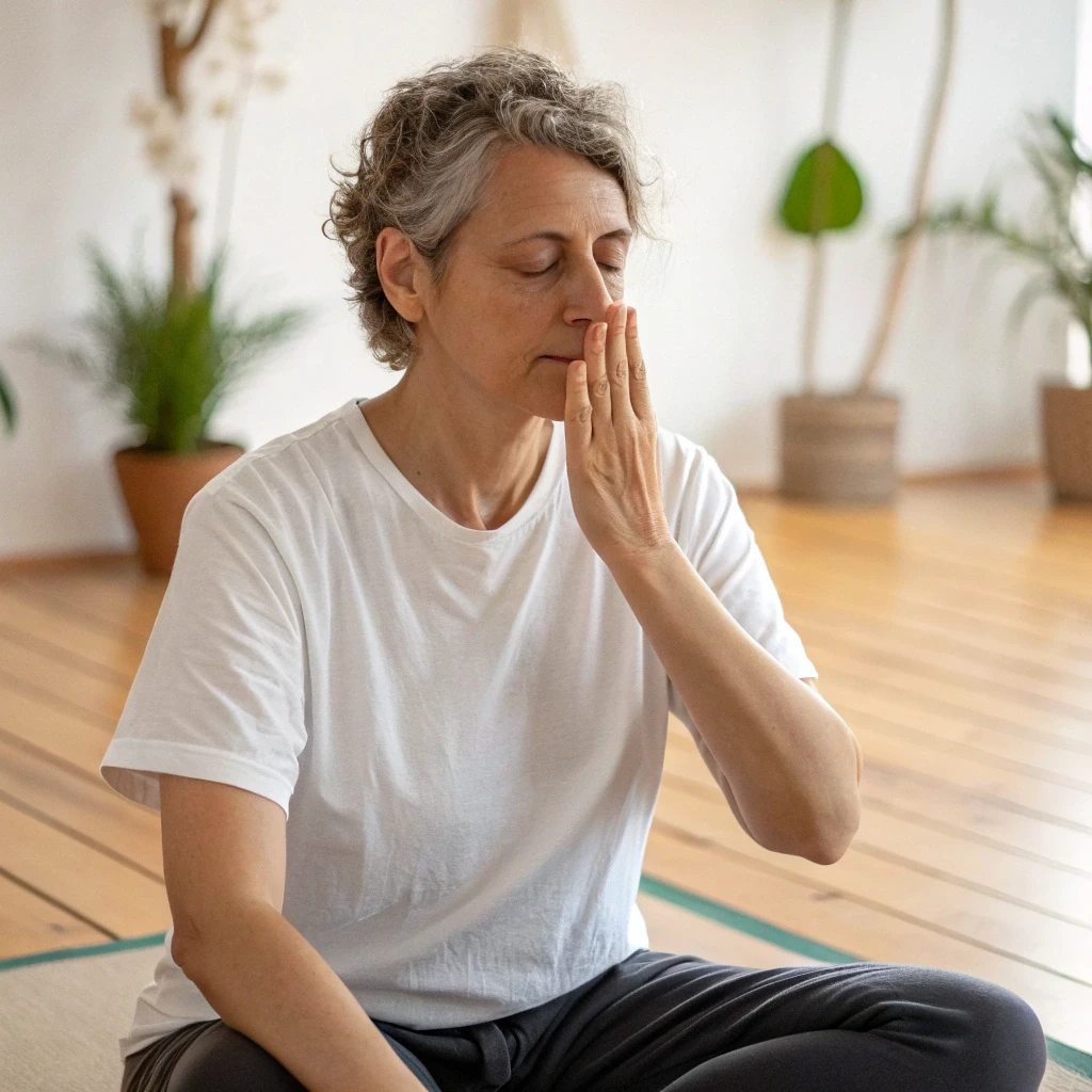 Person practicing alternate nostril breathing in a meditation posture