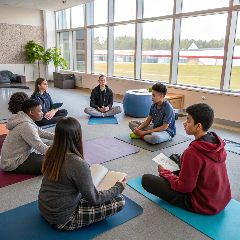 Teenagers practicing mindfulness in a circle on yoga mats, some meditating, others journaling