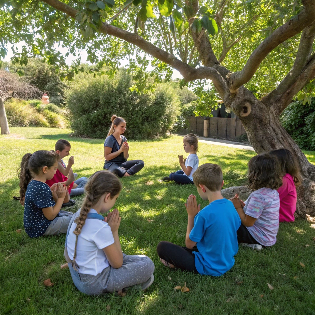 Children sitting cross-legged on grass under a tree, practicing mindfulness with a teacher