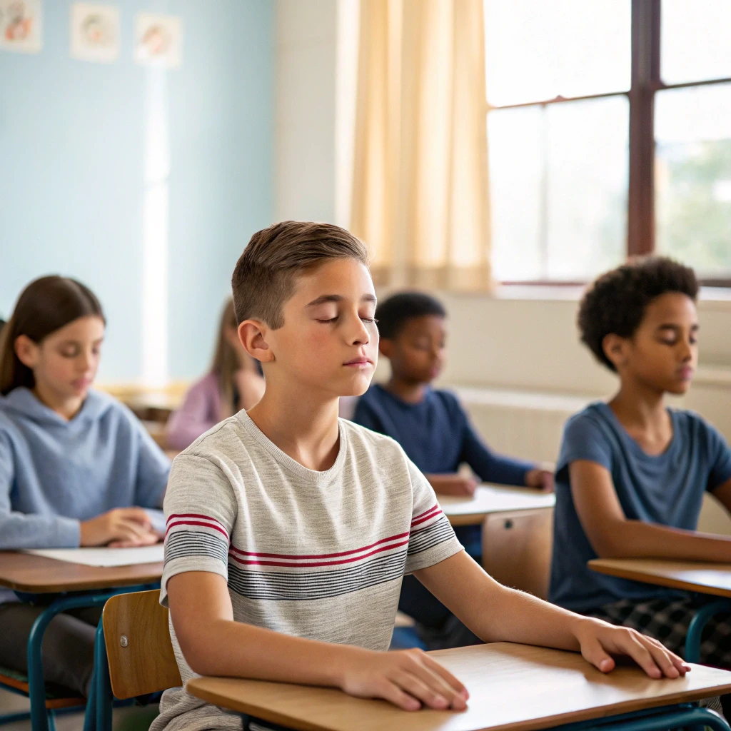 Students in a classroom practicing mindfulness with eyes closed, guided by a teacher