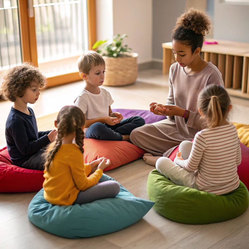 Young children sitting in a circle on colorful cushions, practicing mindfulness with a teacher