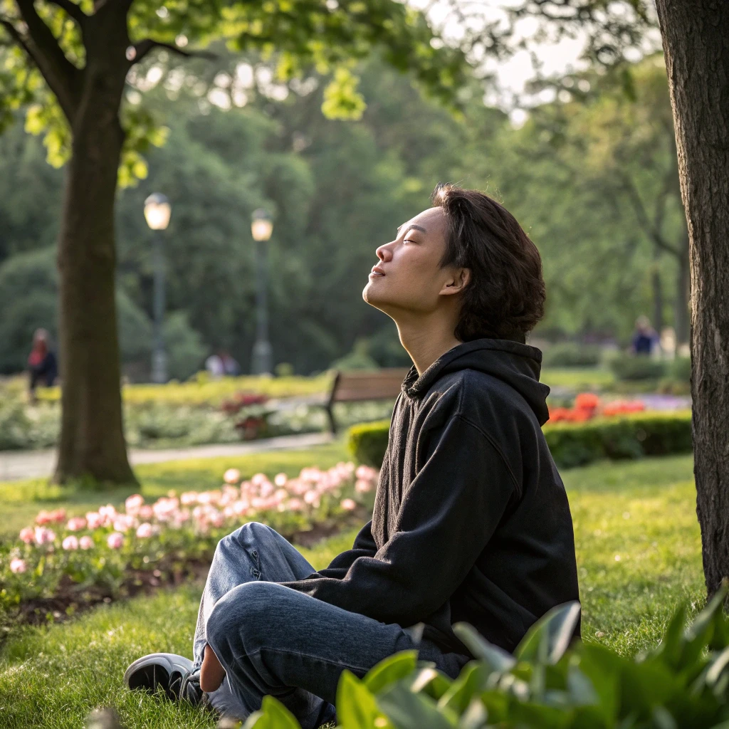 Person taking a mindful breathing break during daily activities