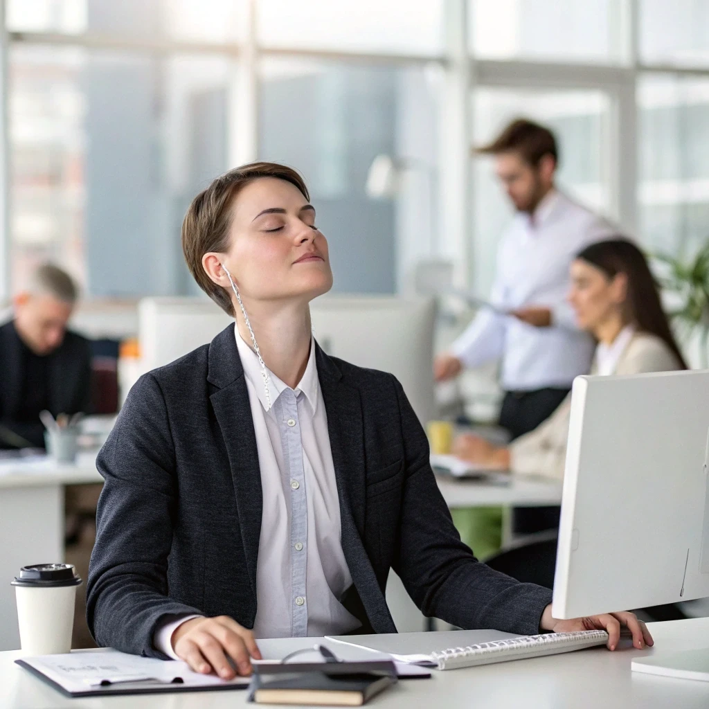 Person practicing calming breath techniques in a stressful work environment